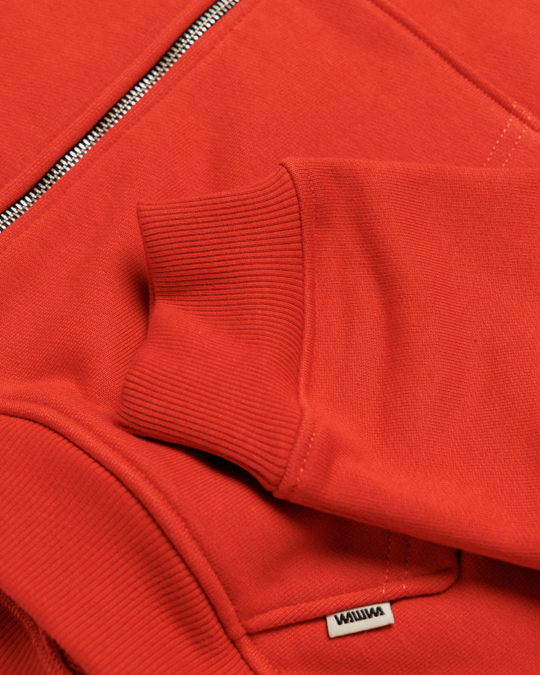 Heavyweight Two-Way Zip Hoody - Signal Red — Cuff, ribbing and zip detail